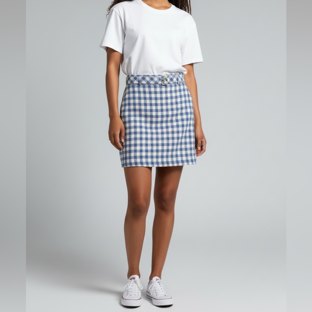 Ann Taylor Gingham Mini Skirt Blue White belted pencil skirt 4 Petite